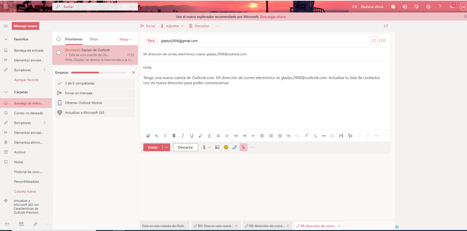 Outlook Live mail mensaje de prueba
